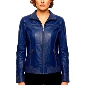 Bradley Bayou Genuine Leather Moto Jacket Blue XS NWT